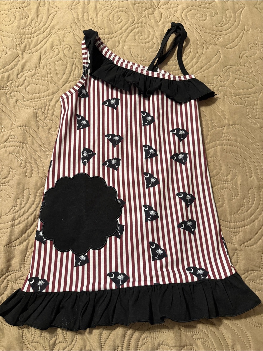 Girls Burgundy & Black Striped Ruffle Tank Dress with Pocket -